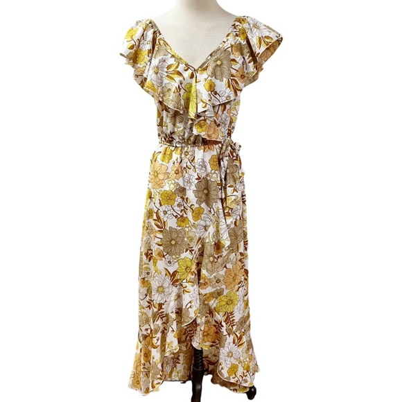 A Hint Of Blush Dresses & Skirts - HINT OF BLUSH Tiered Floral Faux Wrap Maxi Dress SMALL Yellow Ruffle Romantic